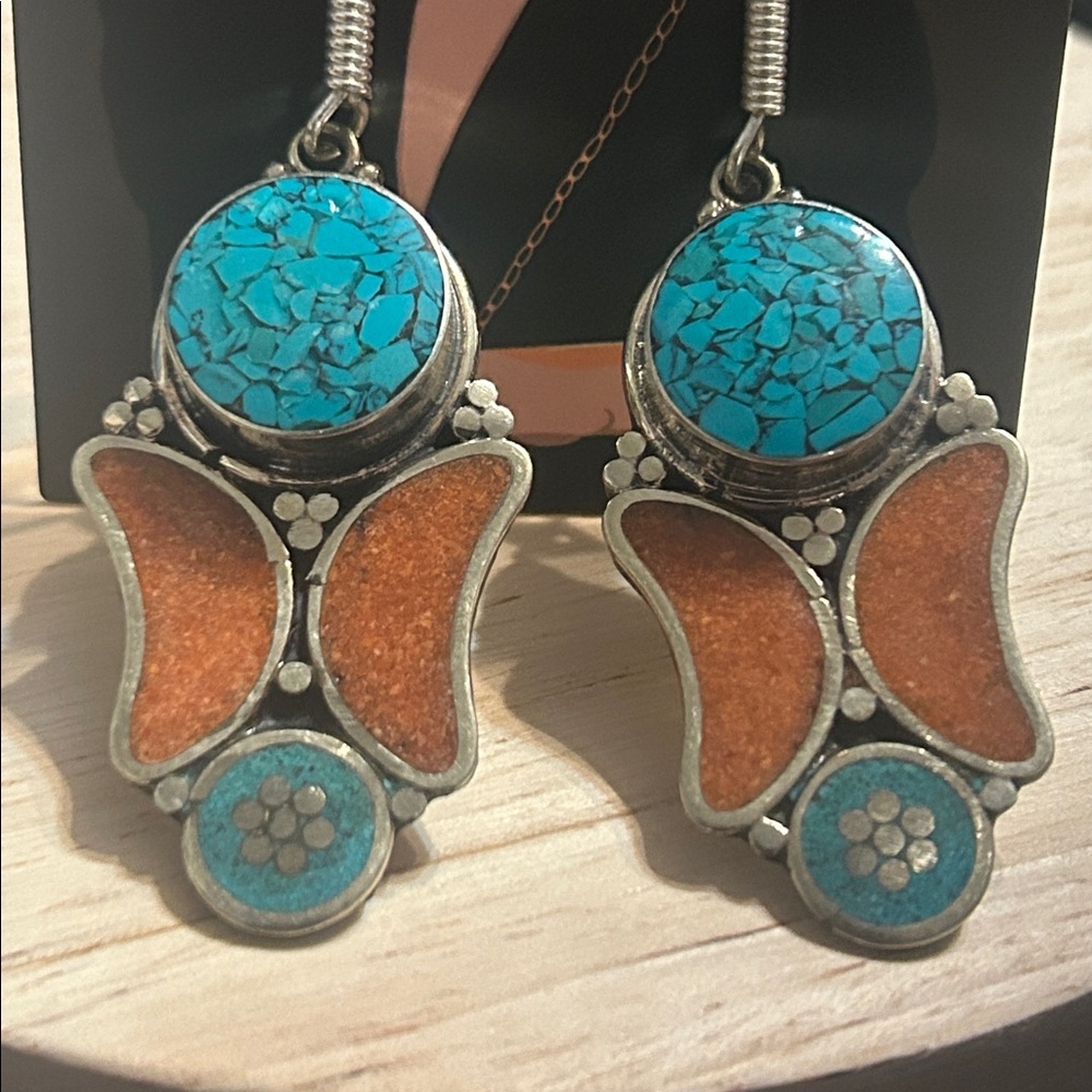 Turquoise & Coral Butterfly Earrings Tibetan Silver Long Impressive NEW